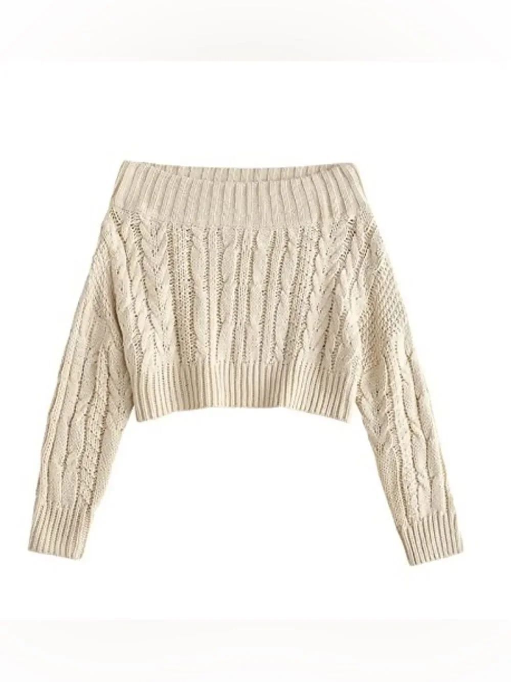Zaful Women's Off The Shoulder Cable Knit Crop Sweater Top Cream Size 6 Medium
